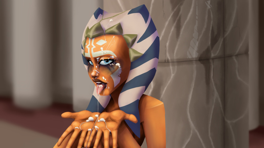 1girls ahsoka_tano blowjob_face blue_eyes breasts clone_wars cum_in_mouth cum_on_face cumshot female_focus female_only hi_res jedi jedi_temple looking_at_viewer makeup_running medium_breasts mrpainter nude open_mouth runny_makeup saliva simple_background solo star_wars togruta tongue_out