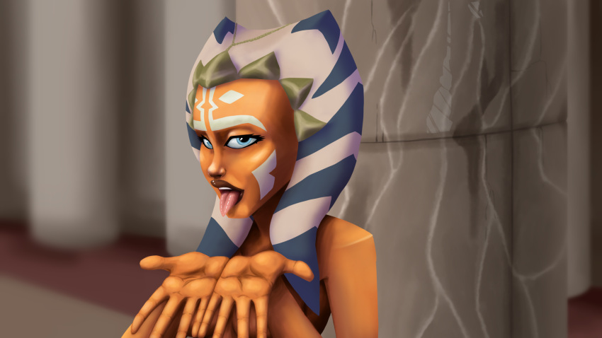 1girls ahsoka_tano blue_eyes breasts clone_wars female_focus female_only hi_res jedi jedi_temple looking_at_viewer medium_breasts mrpainter nude open_mouth orange_skin pose simple_background solo star_wars togruta tongue_out