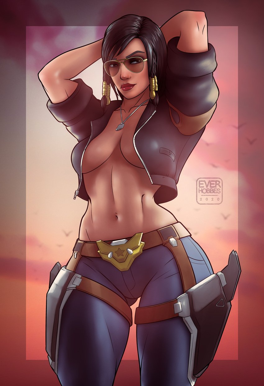 3d abs aviator_pharah aviator_sunglasses black_eyes black_hair blender brown-tinted_eyewear dark-skinned_female dark_skin dog_tags ever_hobbes everhobbes female hair_ornament high_resolution jacket looking_away muscle muscular_female open_clothes open_jacket overwatch pharah sunglasses tinted_eyewear