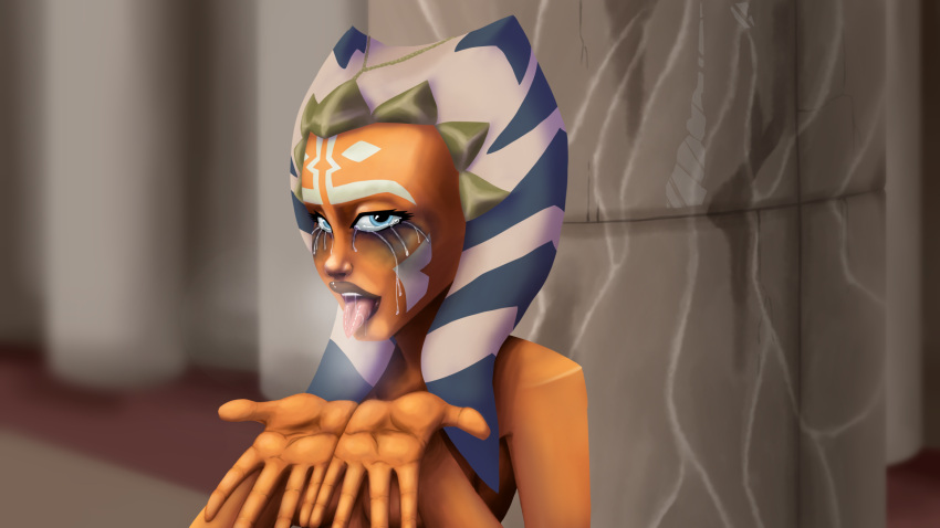 1girls ahsoka_tano blowjob_face blue_eyes breasts clone_wars female_focus female_only heavy_breathing hi_res jedi jedi_temple kneeling looking_at_viewer makeup_running medium_breasts mrpainter nude open_mouth runny_makeup saliva simple_background solo star_wars tears togruta tongue_out