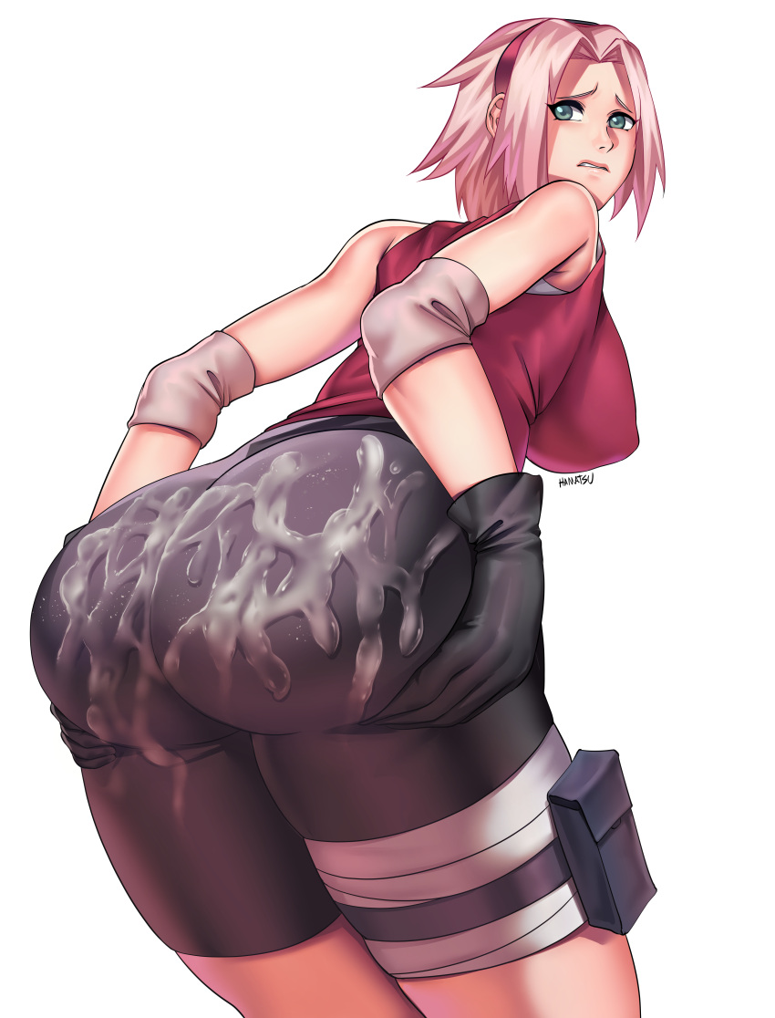 1girls alternate_breast_size ass ass_focus big_ass big_breasts bike_shorts bubble_butt cum cum_on_ass cum_on_body cum_on_clothes cum_on_spats female female_only hamatsu huge_breasts large_breasts naruto presenting presenting_hindquarters sakura_haruno solo spats