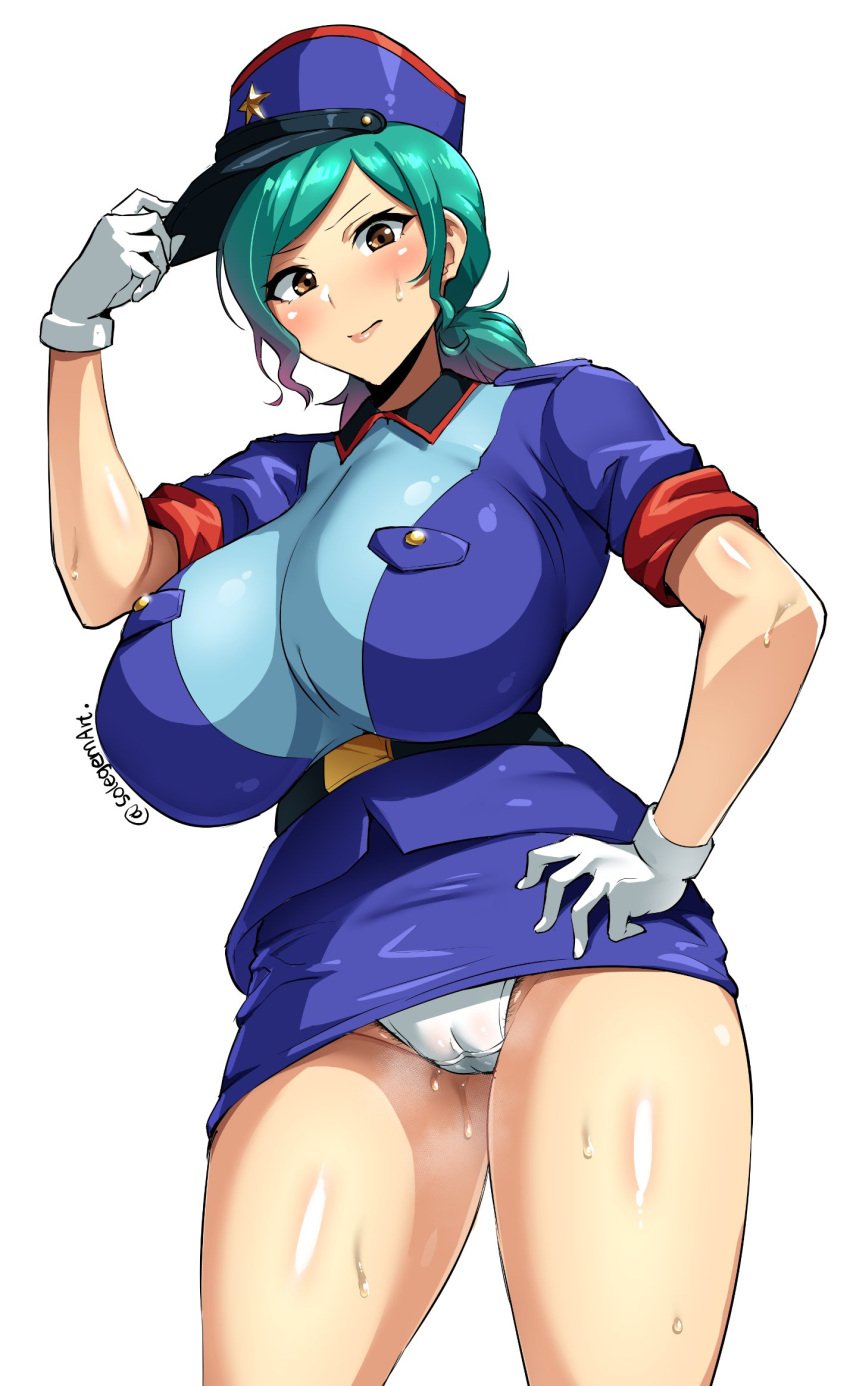 1girls alternate_breast_size big_breasts blush brown_eyes curvy_figure eye_contact genital_fluids hat huge_breasts large_breasts looking_at_viewer looking_down officer_jenny_(pokemon) panties pokemon pokemon_(anime) police_hat police_uniform pubic_hair sole_gem sweat thick_thighs thighs tight_clothing wet_panties white_background