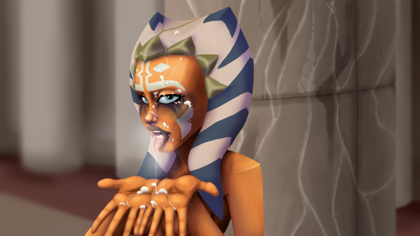 1girls ahsoka_tano blowjob_face blue_eyes breasts clone_wars cum_drip cum_in_mouth cum_on_face cumshot female_focus female_only heavy_breathing hi_res jedi jedi_temple looking_at_viewer makeup_running medium_breasts mrpainter nude open_mouth runny_makeup saliva simple_background solo star_wars togruta tongue_out