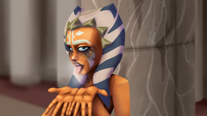 1girls ahsoka_tano blue_eyes breasts clone_wars eyeliner eyeshadow female_focus female_only heavy_breathing hi_res jedi jedi_temple looking_at_viewer makeup_running medium_breasts mrpainter nude open_mouth runny_makeup saliva simple_background solo star_wars togruta tongue_out