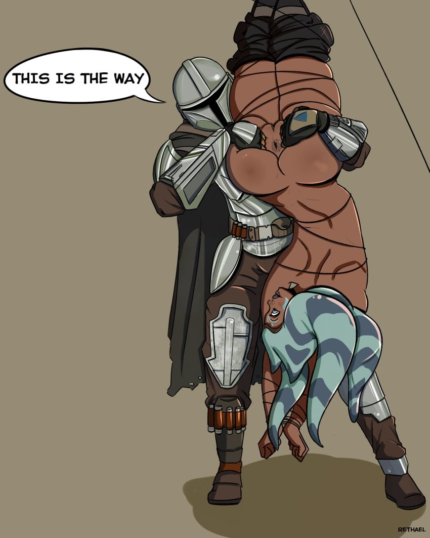 1boy 1girls 2020 ahsoka_tano anus arms_above_head arms_tied ass big_ass bondage captured clothed_male_nude_female corvus_(planet) din_djarin english_text half-dressed half_naked imminent_anal legs legs_bound mandalorian pants_down pussy restrained rethael spreading_ass star_wars the_mandalorian togruta toned_female upside-down