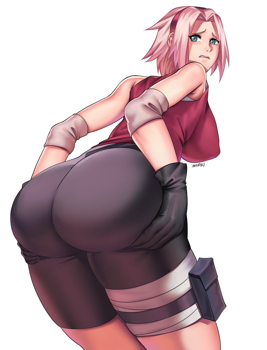 1girls alternate_breast_size ass ass_focus big_ass big_breasts bike_shorts bubble_butt dat_ass female female_only hamatsu huge_breasts large_breasts naruto naruto_shippuden presenting presenting_hindquarters sakura_haruno solo