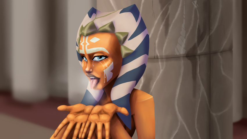 1girls ahsoka_tano alien_girl blue_eyes breasts female_focus female_only heavy_breathing hi_res jedi jedi_temple kneeling looking_at_viewer medium_breasts mrpainter nude open_mouth orange_skin saliva simple_background solo star_wars tears togruta tongue_out