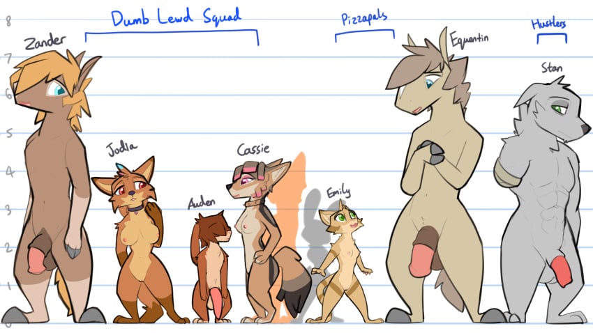 2020 amputee anthro auden_(zhan) balls bandage big_balls big_penis biped black_body black_fur blue_eyes breast_size_difference breasts brown_body brown_fur canid canine canis cassie_(zhanbow) chart cheek_tuft disability english_text equid equine facial_tuft felid feline felis female fingers fox fur genitals gloves_(marking) green_eyes grey_body grey_fur group head_tuft height_chart hi_res highlights_(coloring) hooved_fingers horse huge_cock jackal jodia_(zhan) lagomorph leg_markings leporid looking_at_another male mammal markings missing_arm nipples nude open_mouth open_smile penis pink_penis pizzacat_(zhan) pizzacolt_(zhan) pussy rabbit sand_cat size_difference smile socks_(marking) stan_(zhan) standing text tuft wolf zander_(zhan) zhan zhanbow