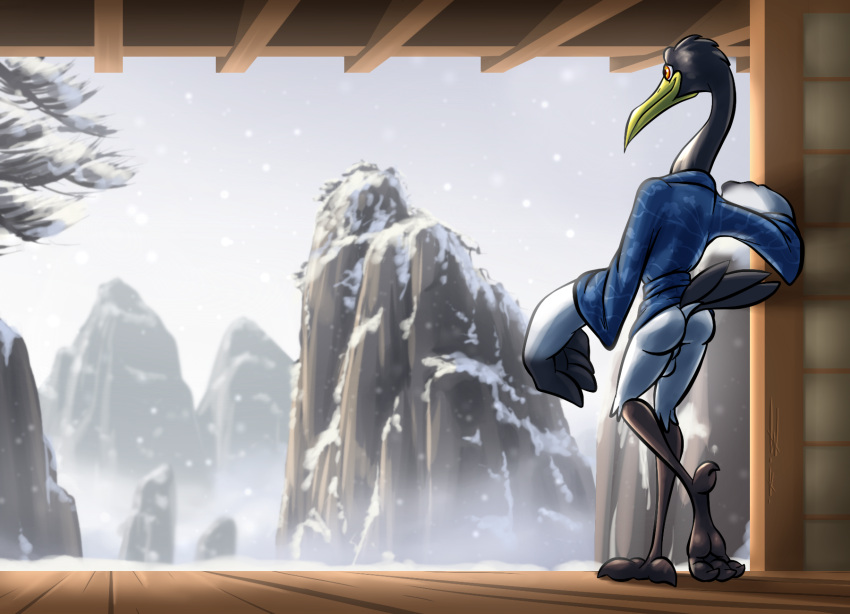 1boy 2020 anthro ass avian backsack balls bassybefuddle beak bird bird_feet black_body black_feathers blue_clothing blue_robe blue_topwear bottomless clothed clothing crane_(bird) crossed_legs dreamworks feather_hands feathers fist genitals gruiform hi_res inside kung_fu_panda long_beak male male_only master_crane orange_eyes perineum plant porch raised_arm rear_view rock smile snow snowing solo standing tail_feathers topwear tree white_balls white_body white_feathers white_perineum yellow_beak