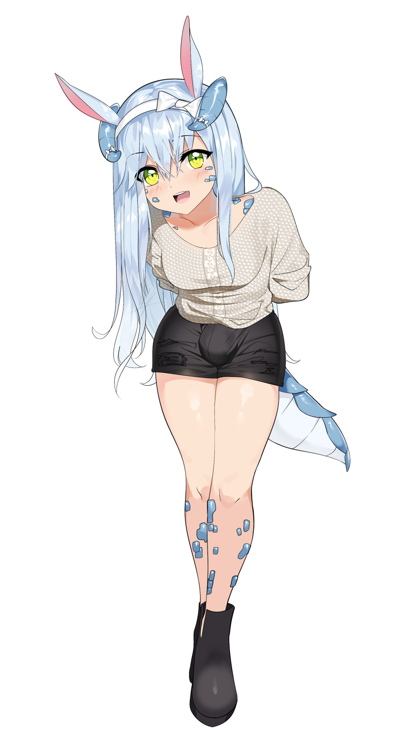 1futa animal_ears aoife_heatherholm blue_hair breasts bulge clothed clothing fully_clothed futa_only futanari horns humanoid kemonomimi leaning_forward long_hair looking_at_viewer pale_skin penis rays_(artist) scales short_shorts shorts solo tail transparent_background yellow_eyes