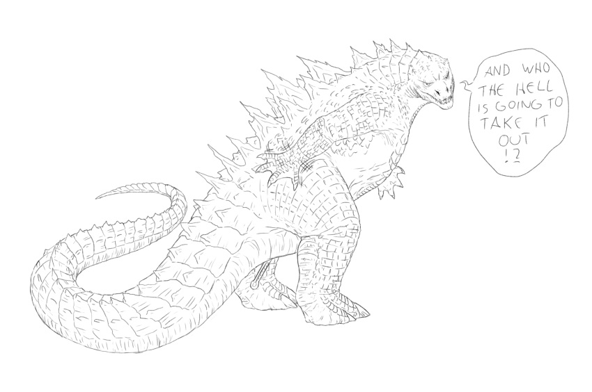 ambiguous_gender anal_insertion english_text feral godzilla godzilla_(series) hi_res kaiju line_art membrane_(anatomy) monochrome ramul scales scientific_instrument side_view simple_background solo spikes spikes_(anatomy) text thermometer toho weather_instrument webbed_hands white_background