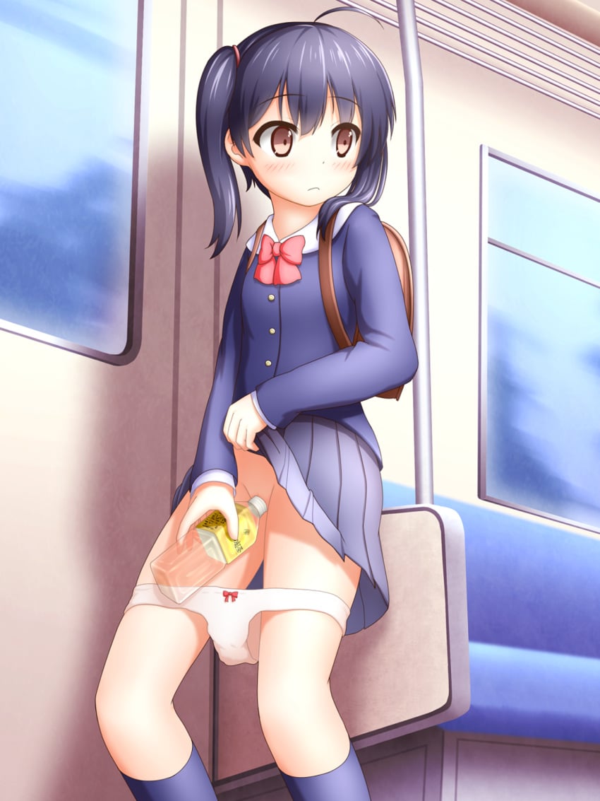 ahoge backpack bag black_hair blush bottle bow brown_eyes female have_to_pee highres kazumi_(syoki4230) looking_away original panties panty_pull pussy school_uniform short_hair skirt skirt_lift solo subway underwear