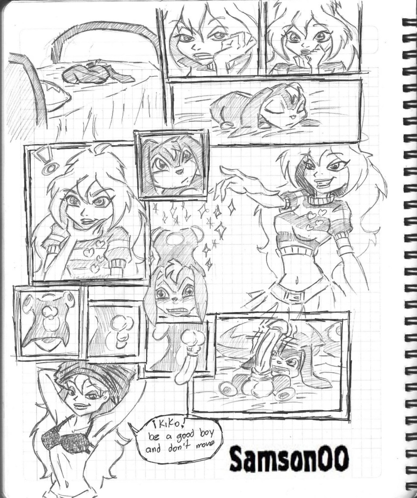 ! 1boy 1girls 4kids_entertainment bed big_penis bloom_(winx_club) bra breasts comic dialogue eyeshadow grid_paper kiko_(winx_club) mascara nickelodeon pencil_(artwork) penis penis_growth rainbow_(animation_studio) samson_00 sketch skirt stripping t-shirt tagme text thin_waist traditional_media_(artwork) wasp_waist winx_club