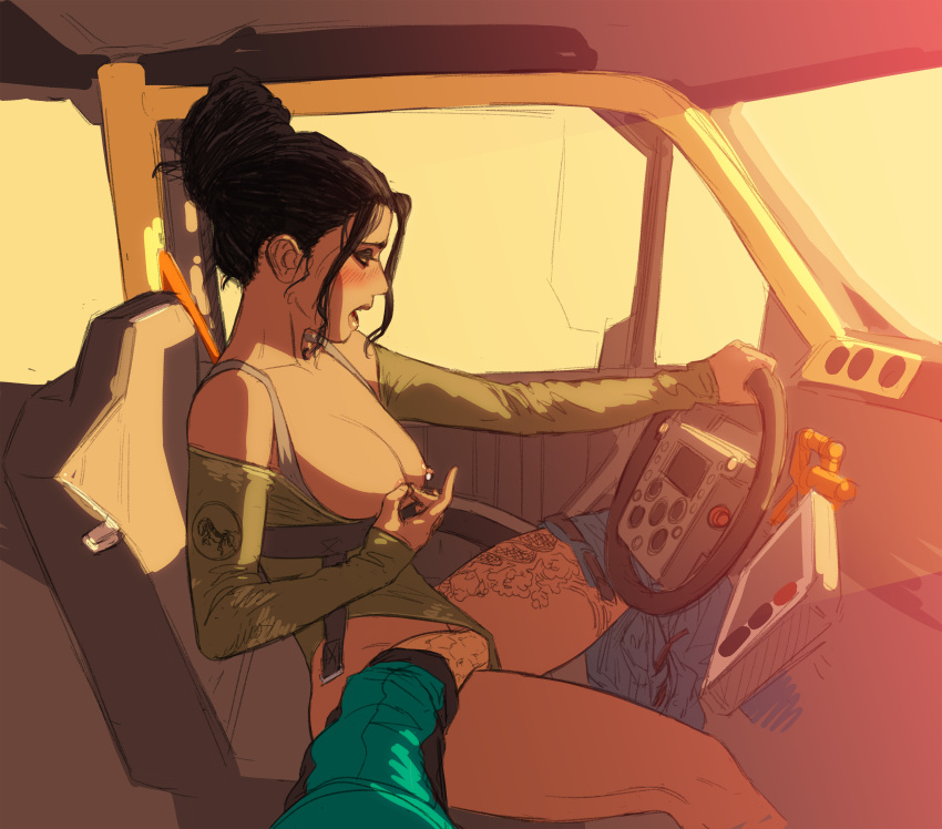 1boy 1girls 2020 a_filthy_king_(artist) black_hair car_interior cd_projekt_red cyberpunk cyberpunk_(series) cyberpunk_2077 dark-skinned_female dark_skin driving fingering messy_bun messy_hair nipple_piercing nipples panam_palmer squeezing_nipple sunset tattoo