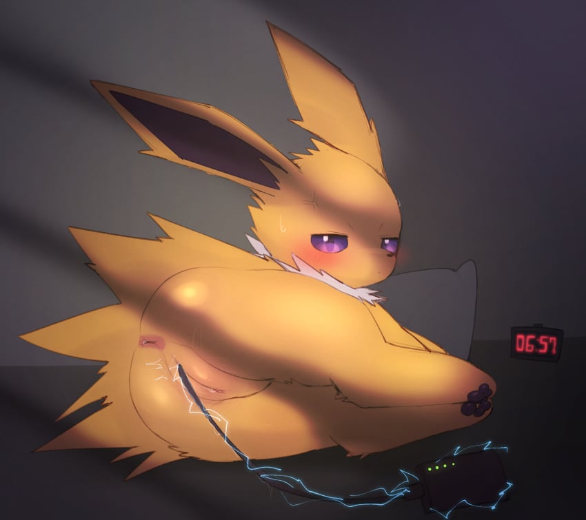 2025 anus ass blush bodily_fluids clock colored cross-popping_vein digital_clock digital_drawing_(artwork) digital_media_(artwork) eeveelution electricity electronics female feral generation_1_pokemon genital_fluids genitals glistening glistening_butt hi_res jolteon looking_at_viewer lying neck_tuft nintendo object_in_pussy on_side pawpads pillow pokemon pokemon_(species) purple_eyes pussy quadruped rear_view shaded solo sweat sweatdrop tuft vaginal_fluids yellow_body yirus9