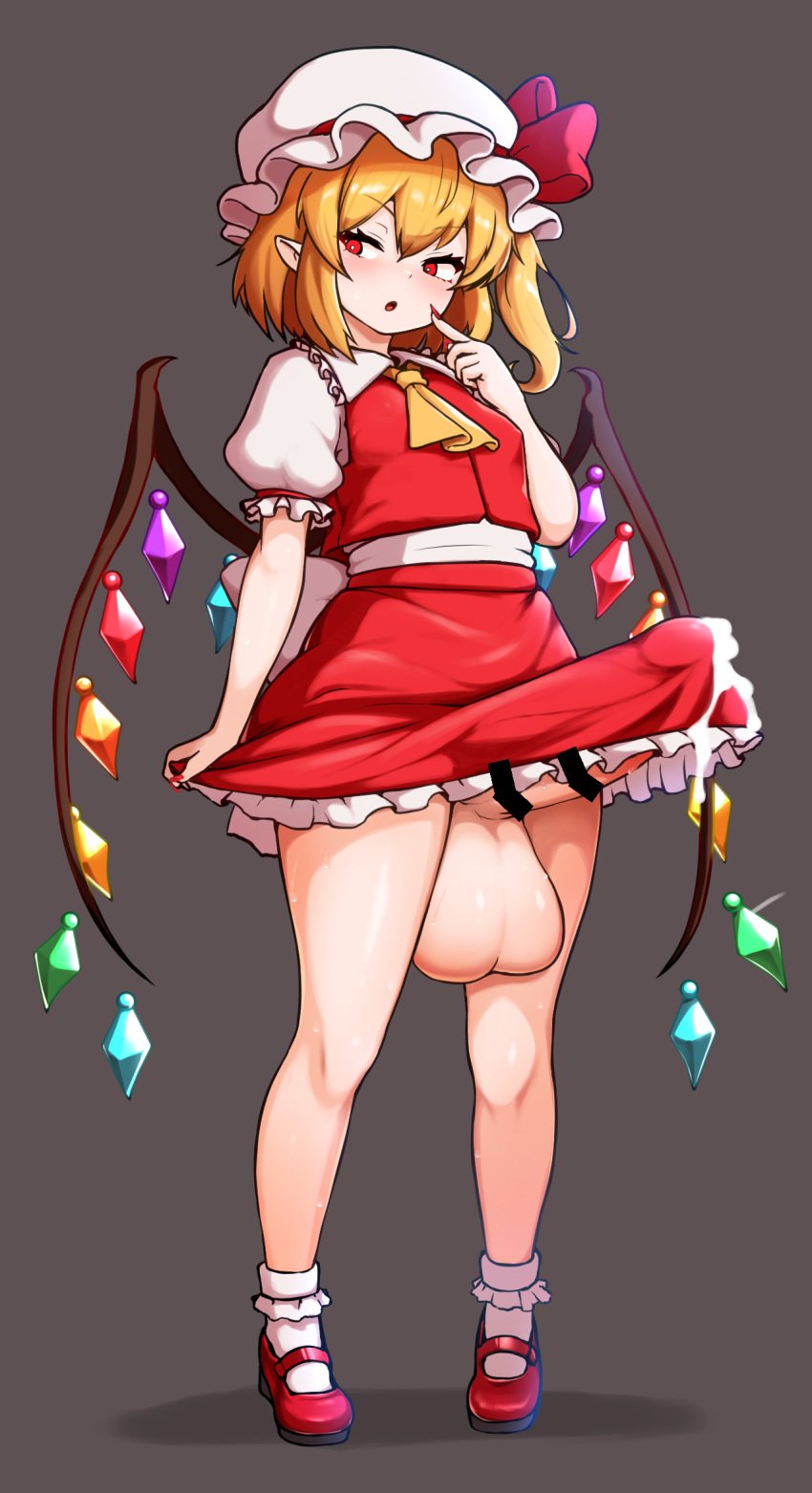 :o ascot balls blonde_hair breasts crystal crystal_wings cum erection female flandre_scarlet frilled_socks frills futanari hat hat_ribbon highres intersex long_hair looking_down looking_to_the_side mary_janes mob_cap multicolored_wings one_side_up open_mouth penis peso_(cheese_company) pointing pointing_at_self puffy_short_sleeves puffy_sleeves red_eyes red_nails red_skirt red_vest ribbon shoes short_sleeves side_ponytail skirt skirt_set small_breasts socks solo testicles touhou v-shaped_eyebrows vest white_hat white_socks wings yellow_ascot