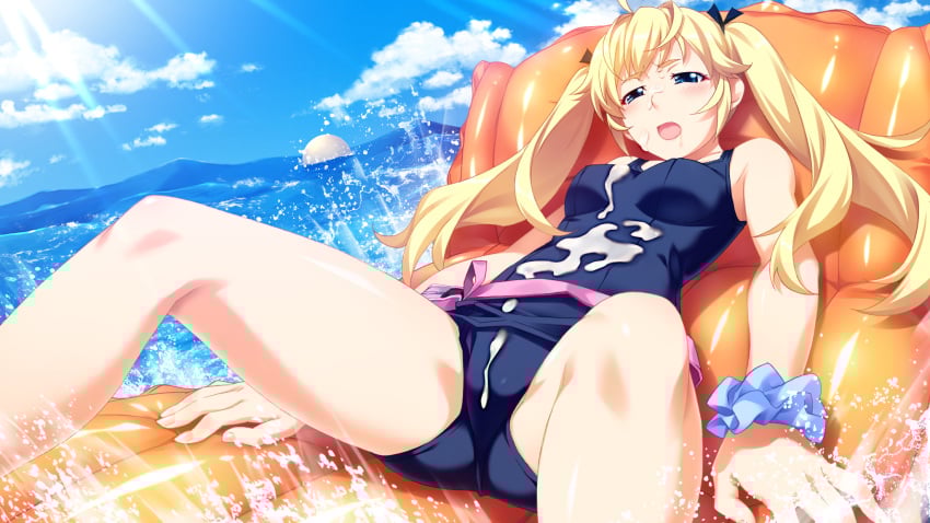 :o ahoge bare_shoulders blonde_hair blue_eyes blue_ribbon blue_scrunchie blue_sky blush breasts camel cloud cum cum_on_body cum_on_breasts cum_on_clothes cum_on_pussy cum_on_stomach day drooling dutch_angle facial feet_out_of_frame female fingernails floating_hair furrowed_brow game_cg grisaia_(series) grisaia_no_kajitsu hair_flaps hair_ribbon half-closed_eyes highres light_rays long_eyelashes long_fingernails long_hair lying matsushima_michiru medium_breasts narrowed_eyes non-web_source ocean on_back open_mouth outdoors reclining ribbon school_swimsuit scrunchie sidelocks skindentation sky solo sparkling_eyes splashing spread_legs sunbeam sunlight swimsuit thick_eyelashes thighs three_quarter_view twintails watanabe_akio water wrist_scrunchie