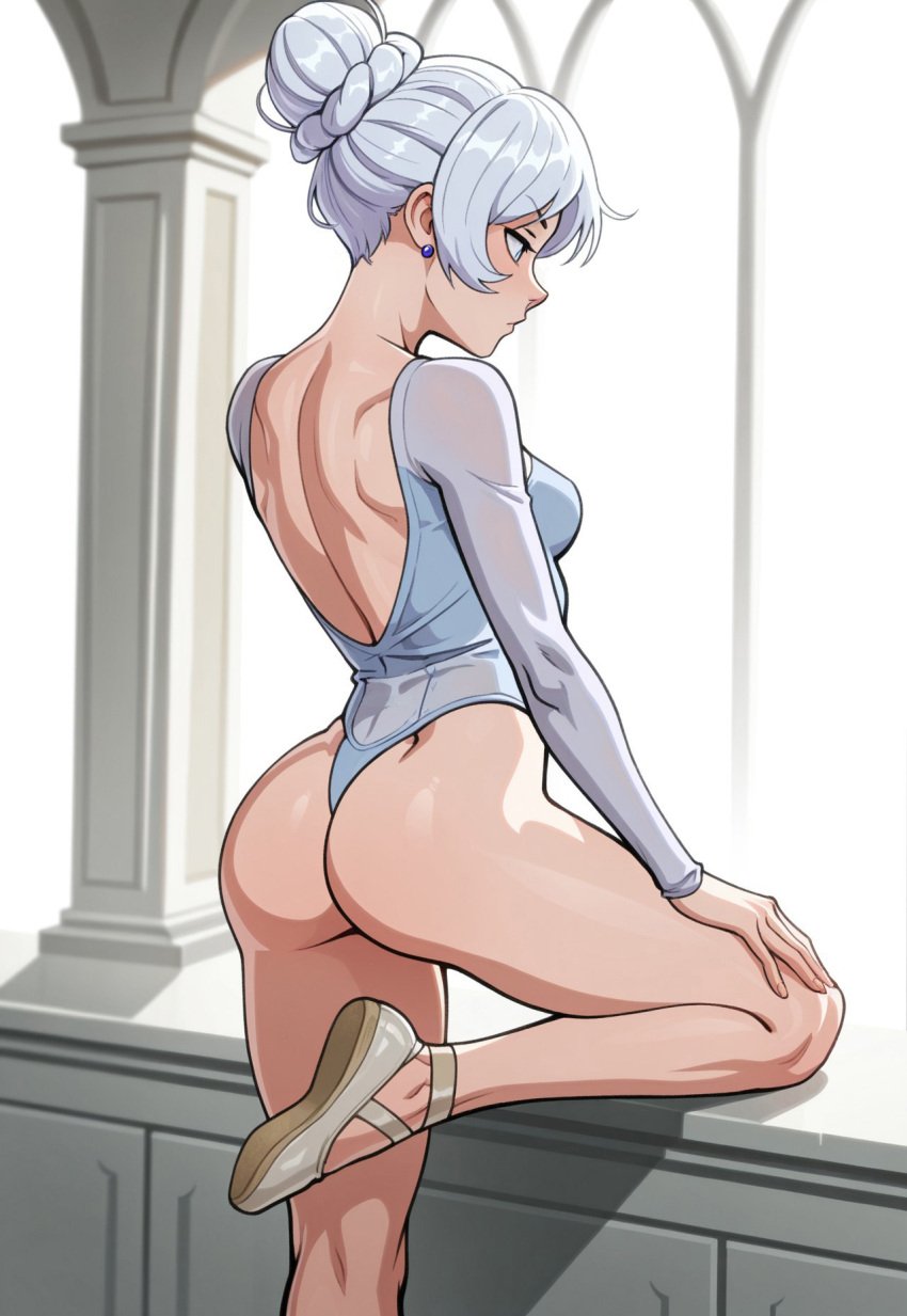 1girls ai_generated ass ass_focus ballet_slippers blue_eyes dimples_of_venus dsp female hair_bun leotard ponytail rwby tagme tiara weiss_schnee white_hair