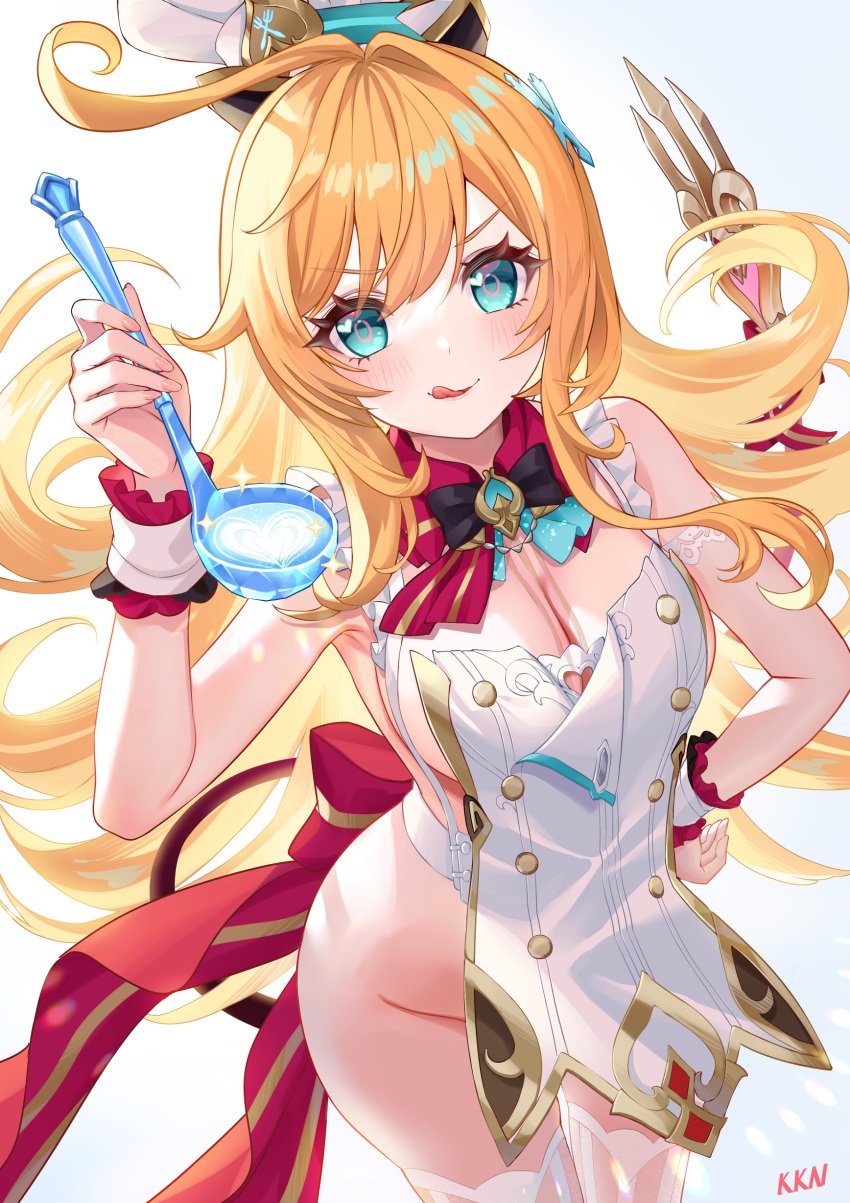 1girls apron apron_only artist_request breasts escoffier_(genshin_impact) female female_focus female_only genshin_impact kumokoneko large_breasts light-skinned_female light_skin looking_at_viewer solo thighhighs thighs white_background wide_hips