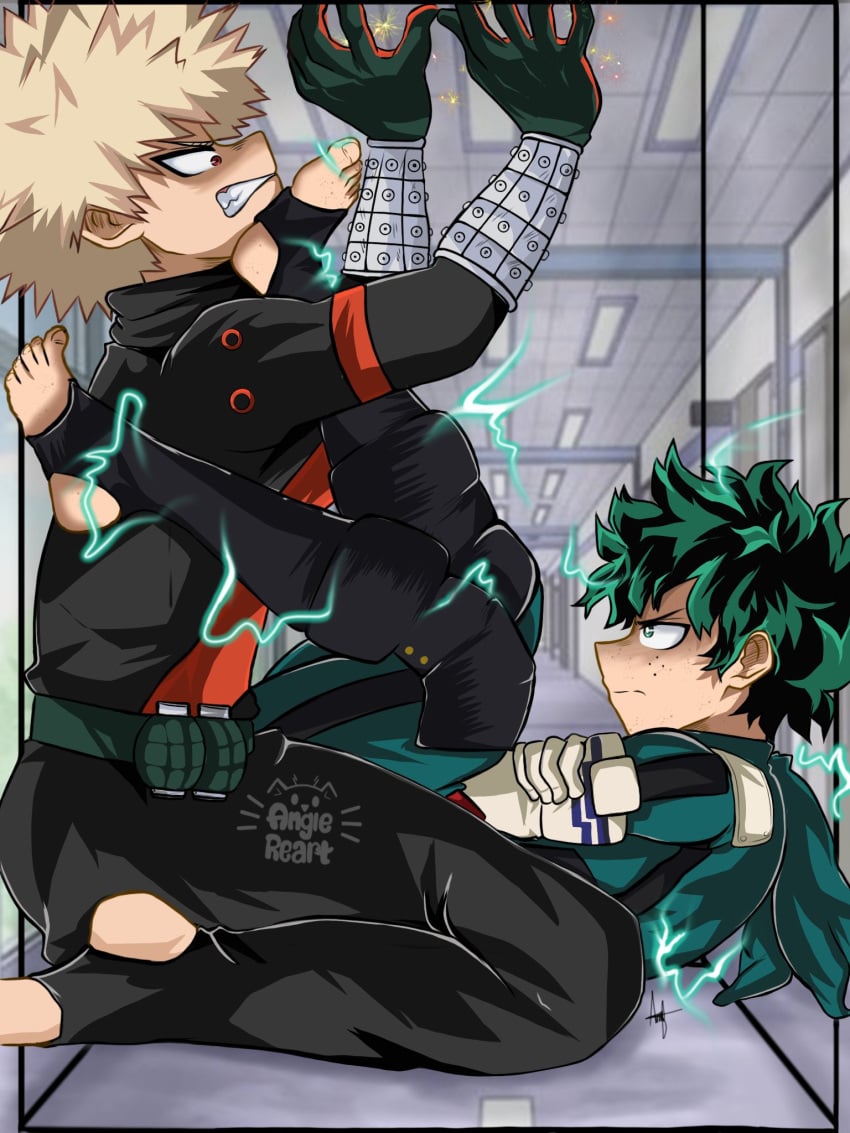 2boys angiereart bakudeku bakugou_katsuki blonde_hair boku_no_hero_academia bones_(company) bones_(studio) box cube curly_hair deku feet foot_on_another's_face freckles green_eyes green_hair izuku_midoriya katsuki_bakugou lightning looking_at_another messy_hair midoriya_izuku my_hero_academia red_eyes sex_position shounen_jump sparks spiked_hair suit superhero_costume teeth toes trapped yaoi
