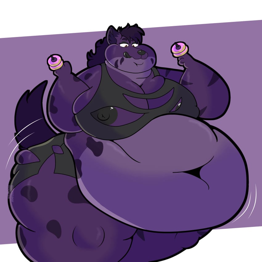 absurd_res anthro belly big_breasts bottomwear breasts clothing dessert doormahoganny doughnut female food furry hi_res hyena licking licking_lips mammal navel nipples obese obese_anthro obese_female obsidian_(obsidianyeen) obsidianyeen overweight overweight_anthro overweight_female pastry shorts solo thick_thighs tongue tongue_out torn_bottomwear torn_bra torn_clothing torn_shorts