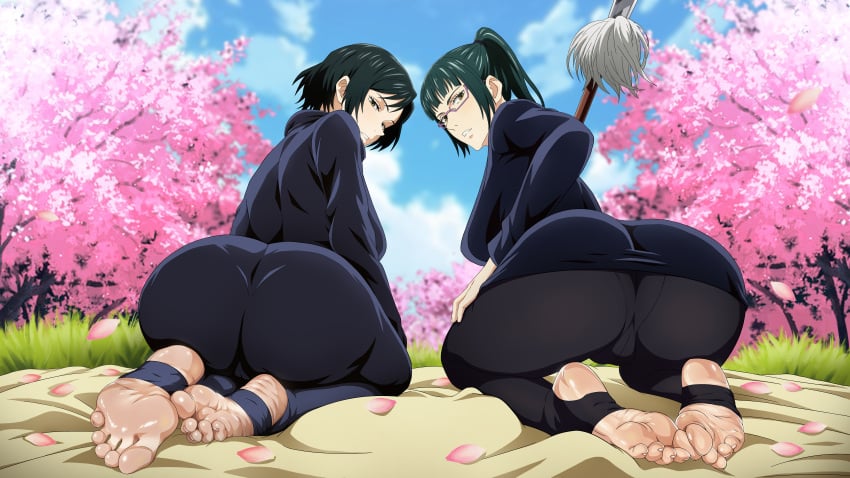 2girls bangs barefoot big_ass big_feet bob_cut brown_eyes cherry_blossoms clothed clothed_female dark_hair feet foot_fetish foot_focus footcroft glasses green_hair japanese_female jujutsu_kaisen long_toes looking_at_viewer looking_back meaty_soles naginata neutral_expression outdoors polearm ponytail presenting_ass presenting_feet presenting_hindquarters short_hair soles stirrup_legwear stirrups toenails toes wrinkled_feet wrinkled_soles zenin_mai zenin_maki