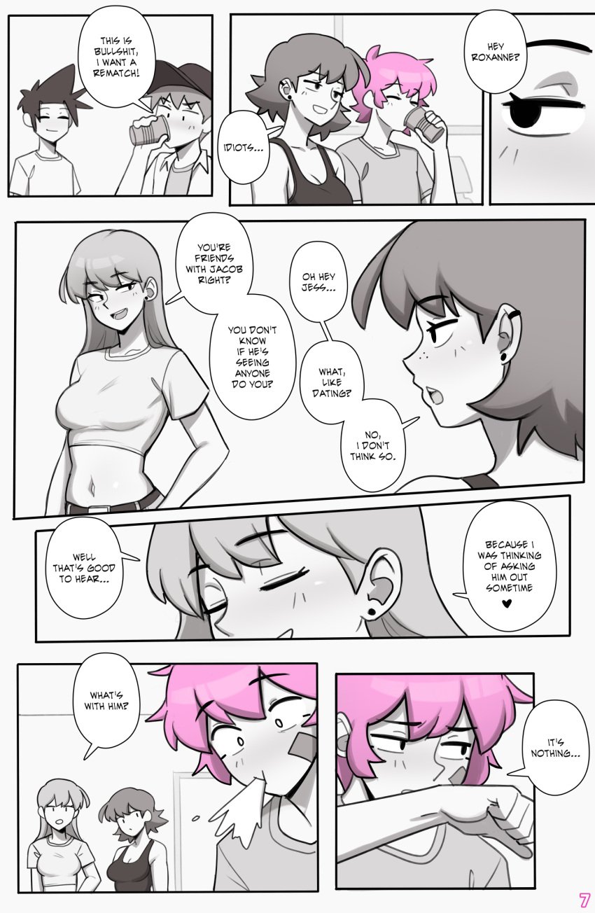 2girls 3boys black_hair blush breasts comic crop_top dross ear_piercing earrings english_text female femboy freckles jacob_(dross) male monochrome navel pink_hair roxanne_(dross) spiky_hair spit taylor_(dross) text text_box