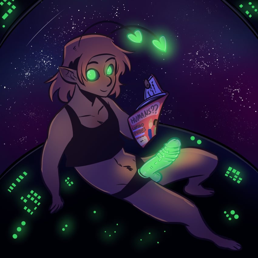 alien_humanoid antenna_hair dakota_(the_rock_cocks) glowing_strap-on green_eyes leslie_brown pointy_ears space strap-on the_rock_cocks transmasc