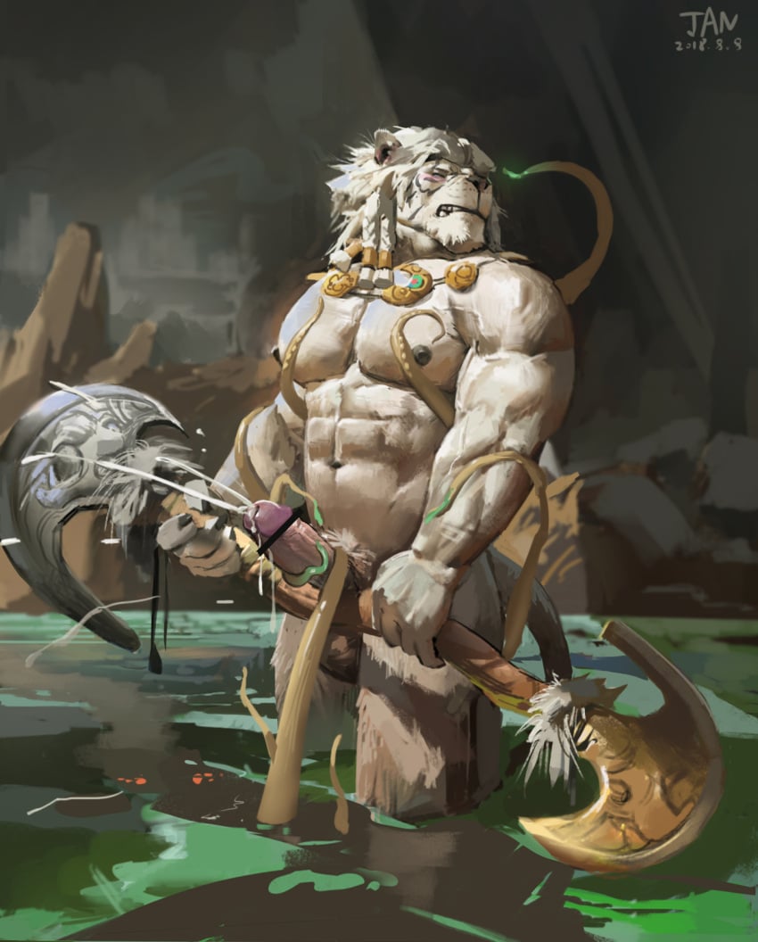 1boy abs ajani_goldmane animal_humanoid anthro axe balls ballsack bar_censor beefy blush catfolk cum cumshot erection feline fur hasbro hi_res humanoid_penis jiandou leonine leonine_tail magic:_the_gathering male male_nipples male_only male_pubic_hair mammal mammal_humanoid melee_weapon muscles muscular_male pecs scrotum smooth_fur solo tentacle testicles weapon white_fur wizards_of_the_coast