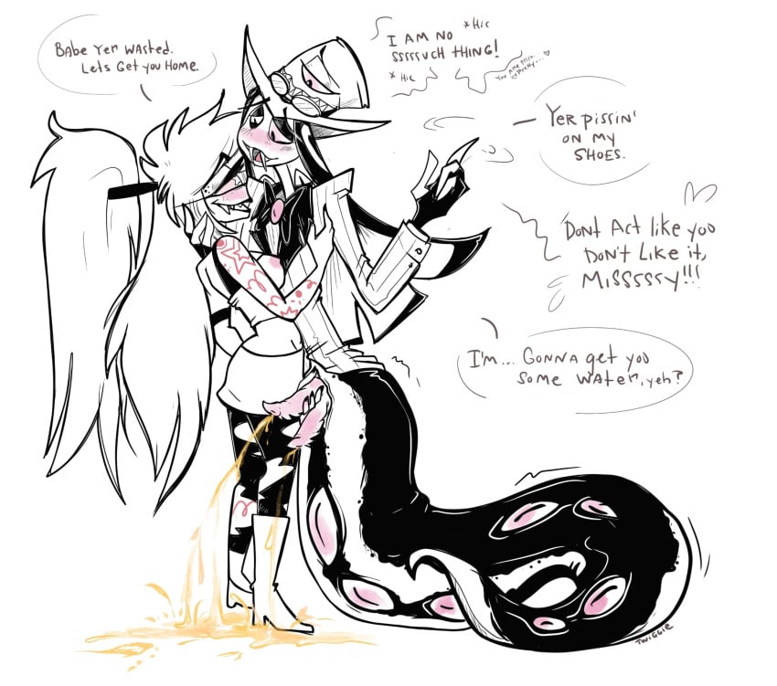 2_penises anatomically_correct anatomically_correct_genitalia anatomically_correct_penis animal_genitalia animal_penis apode blazer bodily_fluids boots bow_tie cherri_bomb_(hazbin_hotel) clothed clothing cyclops demon demon_humanoid dialogue diphallism draconcopode drunk fangs female footwear genital_fluids genital_slit genitals hair hat hazbin_hotel headgear headwear hi_res high_heeled_boots high_heels holding_penis humanoid legless male male/female multi_eye multi_genitalia multi_penis multi_penis_peeing multi_urethra_peeing naga outside peeing peeing_on_ground penis pupils reptile scalie serpentine shoes sir_pentious_(hazbin_hotel) snake snake_hood speech_bubble substance_intoxication tail tapering_penis tapering_tail teeth text twiggietime urine urine_on_ground urine_pool urine_stream vertical_diphallism watersports