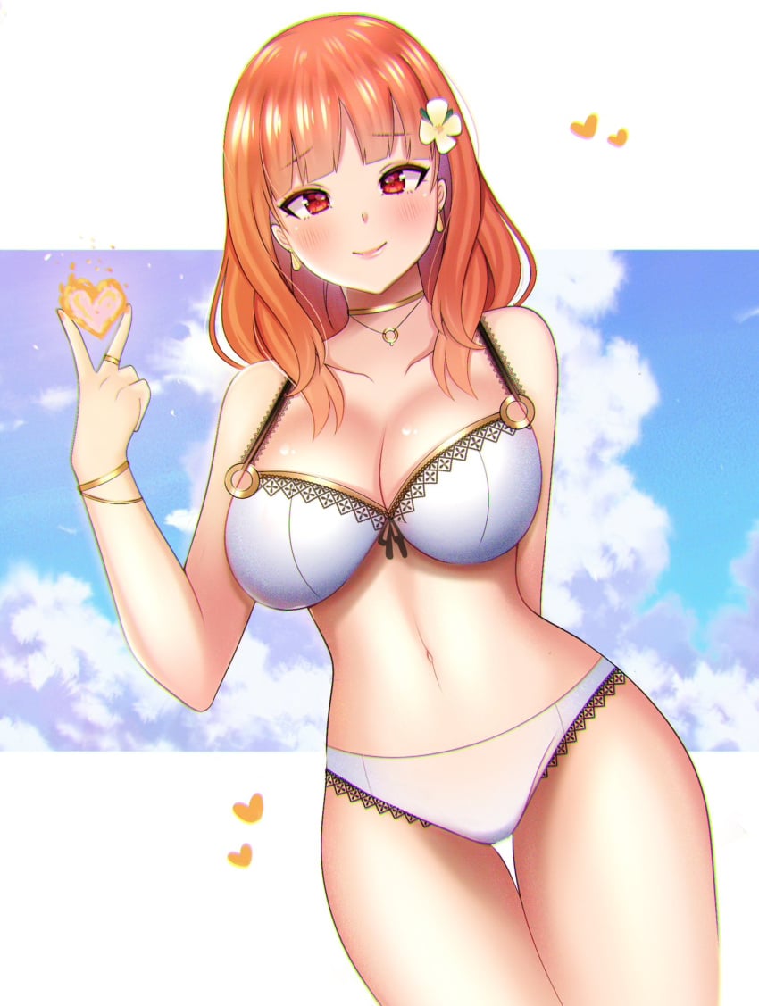 1girls alternate_breast_size arm_behind_back bangs big_breasts bikini blunt_bangs blush bracelet breasts celica_(fire_emblem) choker cleavage cloud collarbone cross earrings english_commentary eyebrows_visible_through_hair female fire_emblem fire_emblem_echoes:_shadows_of_valentia fire_emblem_gaiden flower gold_bracelet gold_choker gold_collar gold_earrings gold_necklace gold_trim hair_flower hair_ornament heart highres jewelry jxh_soda letterboxed lips looking_at_viewer navel necklace nintendo orange_hair red_eyes ring shadow sky smile solo solo_female swimsuit thigh_gap thighs v white_bikini white_flower