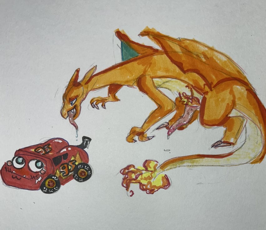 absurd_res ambiguous_gender animal_genitalia animate_inanimate ass big_butt blush bodily_fluids car car_seat cars_(disney) cat_wearing_shoe charizard claws cum dire_car dire_machine dire_vehicle disney dragon dragons_fucking_cars duo erection exhaust_pipe feral generation_1_pokemon genital_fluids genitals hi_res lightning_mcqueen living_car living_machine living_vehicle lustful_gaze machine male male/ambiguous mythological_creature mythological_scalie mythology narrowed_eyes nintendo open_mouth orange_body penis pixar pokemon pokemon_(species) red_body scalie simple_background tail tapering_penis tapering_tail teeth thick_thighs tongue tongue_out vehicle wheel wings