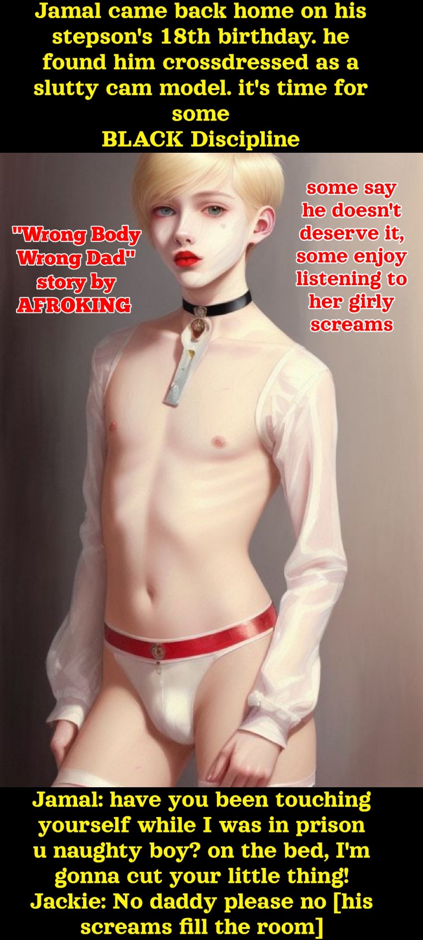 1boy 1femboy 3d afroking ai_generated blonde_hair blonde_hair_male blonde_male blue_eyes bondage bulge bulge_through_clothing caption castration castration_threat choker comic comic_cover comic_page crossdressing crossdressing_male cute cute_face daddy english_text eunuch exposed_breasts exposed_nipples exposed_torso father father_and_son femboy feminine_male flat_chest flat_chested gay green_eyes illustration incest lips lipstick makeup male male_only necklace pale-skinned_male pale_skin petite petite_body petite_femboy petite_male red_lipstick sadism sadistic short_hair sissy sleeves solo step-incest story teen teen_boy teenage teenager text topless topless_male torture twink underwear underwear_only white_body white_skin yaoi