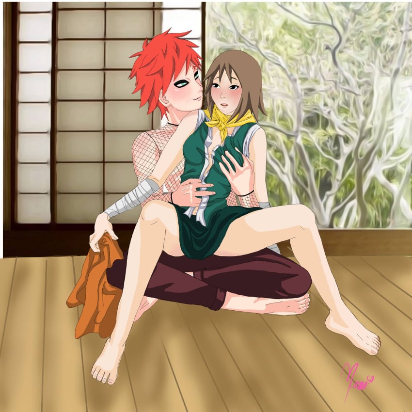 1boy1girl 1girls bandaged_arm bandages bare_shoulders barefoot before_sex black_eyes blush breast_grab brown_hair clothing eyeshadow feet female fishnet fishnet_shirt forehead_mark gaara grabbing grabbing_from_behind green_eyes hand_under_clothes holding_clothing jacket jacket_removed long_sleeves makeup male matsuri_(naruto) merarisajime naruto naruto_(series) naruto_shippuden no_bra no_eyebrows pants red_hair shirt sitting sitting_on_lap sitting_on_person sleeveless spread_legs tattoo toes undressing