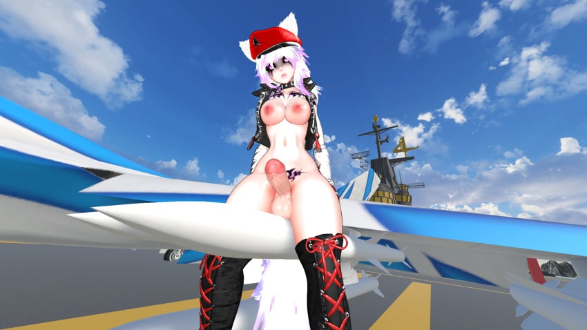 3d collar fox_ears futanari intersex jet_fighter leather_boots looking_at_viewer missile silver_hair silver_haired_futa vrchat vrchat_avatar vrchat_model vrchat_penis