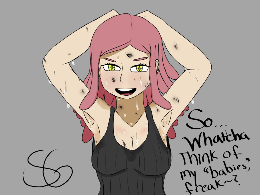 armpit_crease armpit_fetish armpits arms_behind_head big_breasts cleavage clothed mei_hatsume my_hero_academia narrowed_eyes pink_hair pupils scribblygumbo sleeveless sleeveless_shirt smiling sweat sweat_stain sweatdrop sweaty sweaty_armpits yellow_eyes