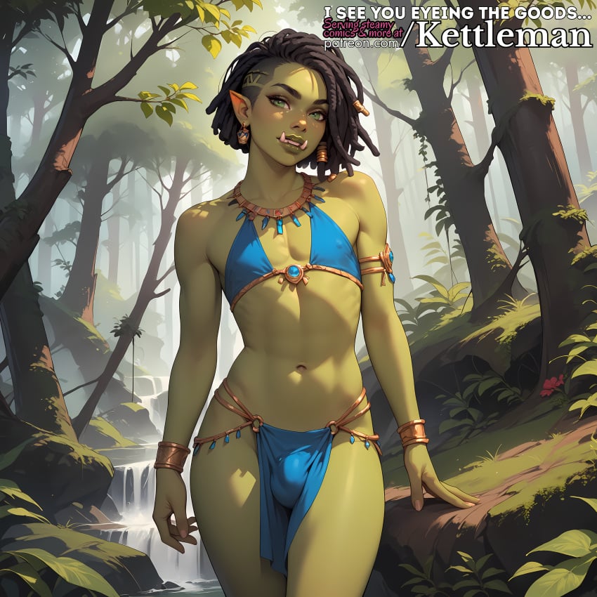 ai_generated brown_hair bulge bulge_through_clothing dark_hair dreadlocks femboy feminine feminine_male forest forest_background green_eyes green_skin kettleman loincloth orc orc_femboy penis_bulge seductive slender_waist slim_waist standing trap tusks twink