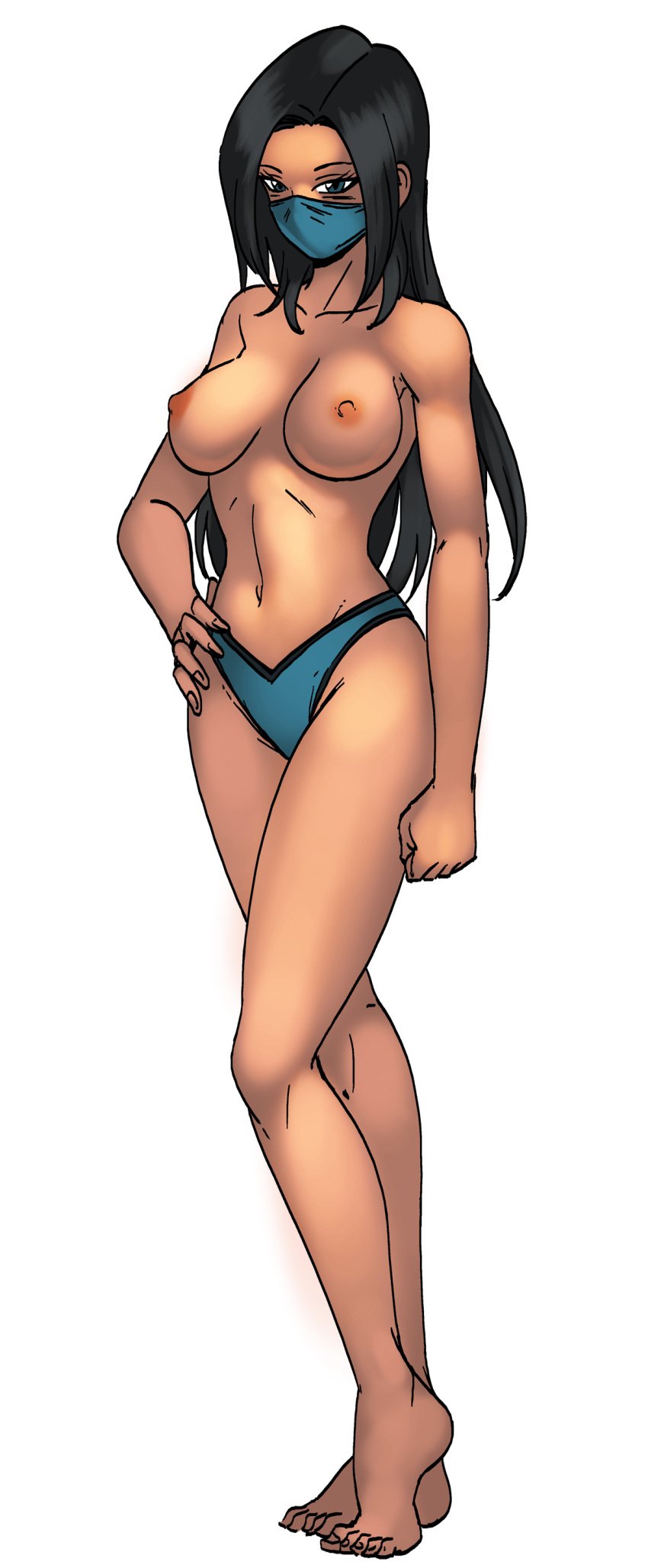barefoot black_background black_hair blue_eyes breasts cg female full_body hentai_heroes kinkoid kitana large_breasts long_hair looking_at_viewer mask medium_breasts mouth_mask navel nipples official_art panties parody simple_background solo standing sung_tai_ki_(hentai_heroes) thighs topless transparent_background underwear