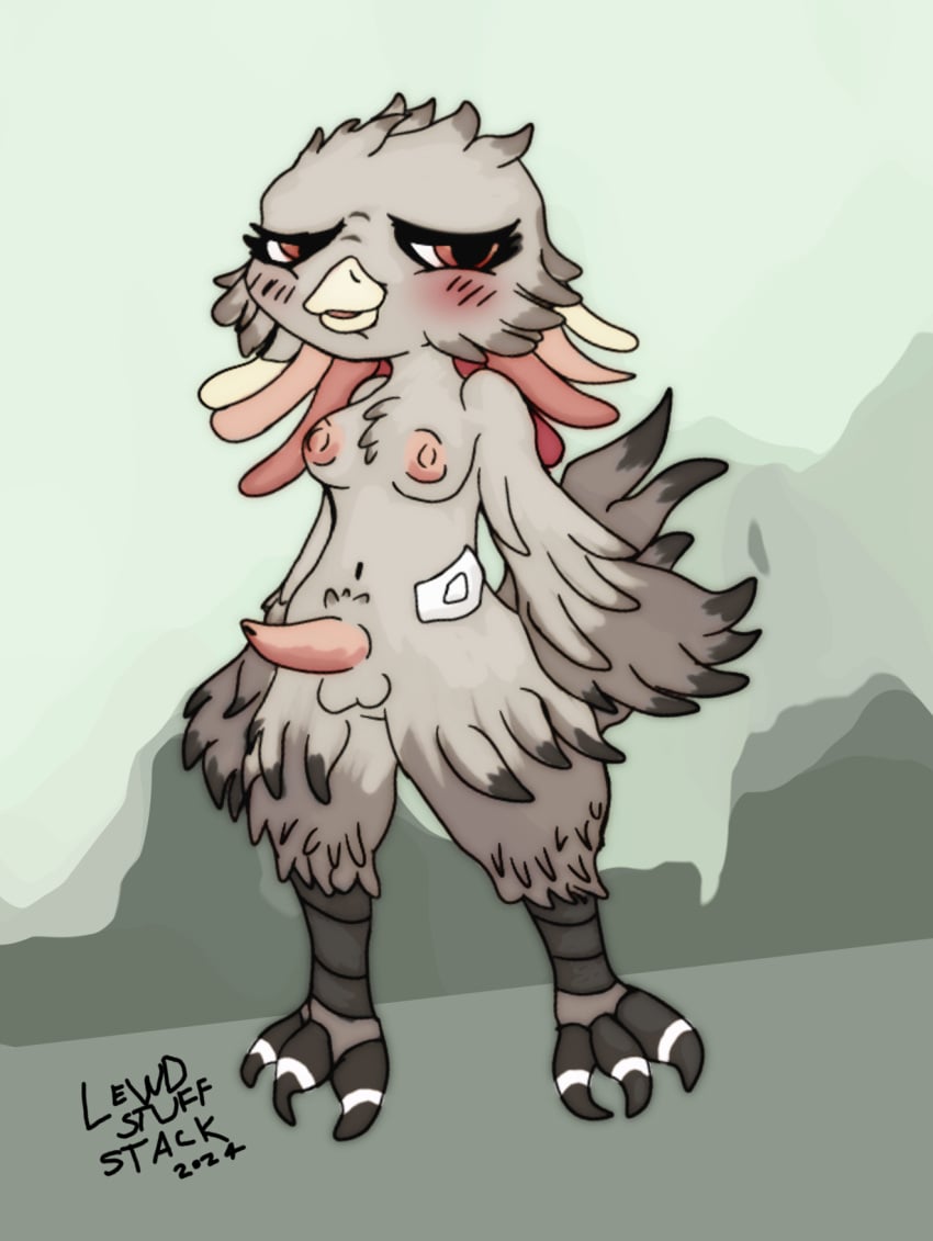 2024 anthro avian balls beak bird blush breasts digital_media_(artwork) erection feathered_wings feathers feet female futanari genitals grey_body grey_feathers gynomorph hi_res insulin_patch intersex lewdstuffstack looking_at_viewer nipples nude penis simple_background solo tail tail_feathers talons text toes trans_(lore) wings