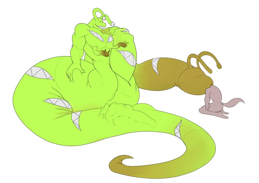 2025 absurd_res anthro big_penis brown_penis facility-r gastropod genitals green_body group hi_res huge_cock male mollusk monster penis sharp_teeth simple_background slug smile solo_focus teeth vore white_background