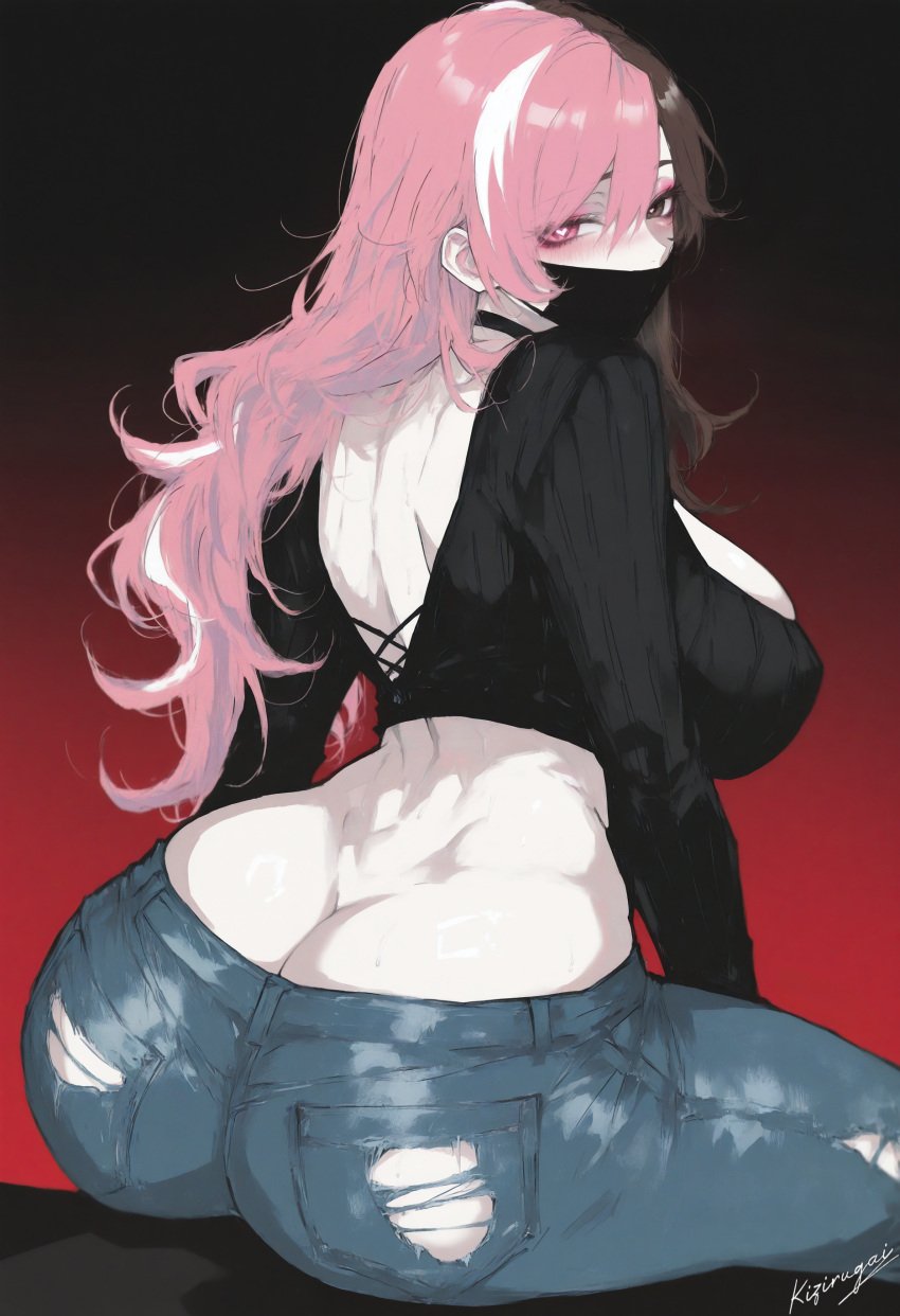 1girls ai_generated backless_outfit blush brown_hair butt_crack center_opening crop_top curvy female heart-shaped_pupils heterochromia huge_ass huge_breasts kizirugai looking_at_viewer mouth_mask multicolored_hair neo_(rwby) pink_hair rwby sitting tagme thick_thighs torn_jeans wide_hips