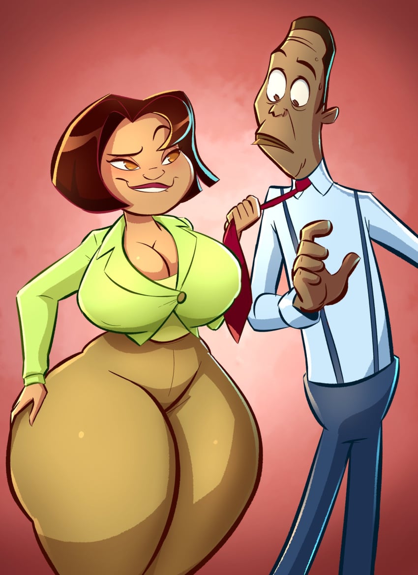 1boy 1girls big_ass big_breasts big_butt big_hips big_thighs biting_lip brown_hair caiman2 canon_couple cleavage curvaceous curvy dark-skinned_female dark-skinned_male disney disney_channel emmabrave female flirting hourglass_figure huge_ass huge_breasts huge_butt huge_hips huge_thighs husband_and_wife imminent_sex large_breasts narrow_shoulders necktie necktie_grab oscar_proud short_hair the_proud_family thick_thighs thin_arms thin_waist trudy_proud voluptuous wide_hips