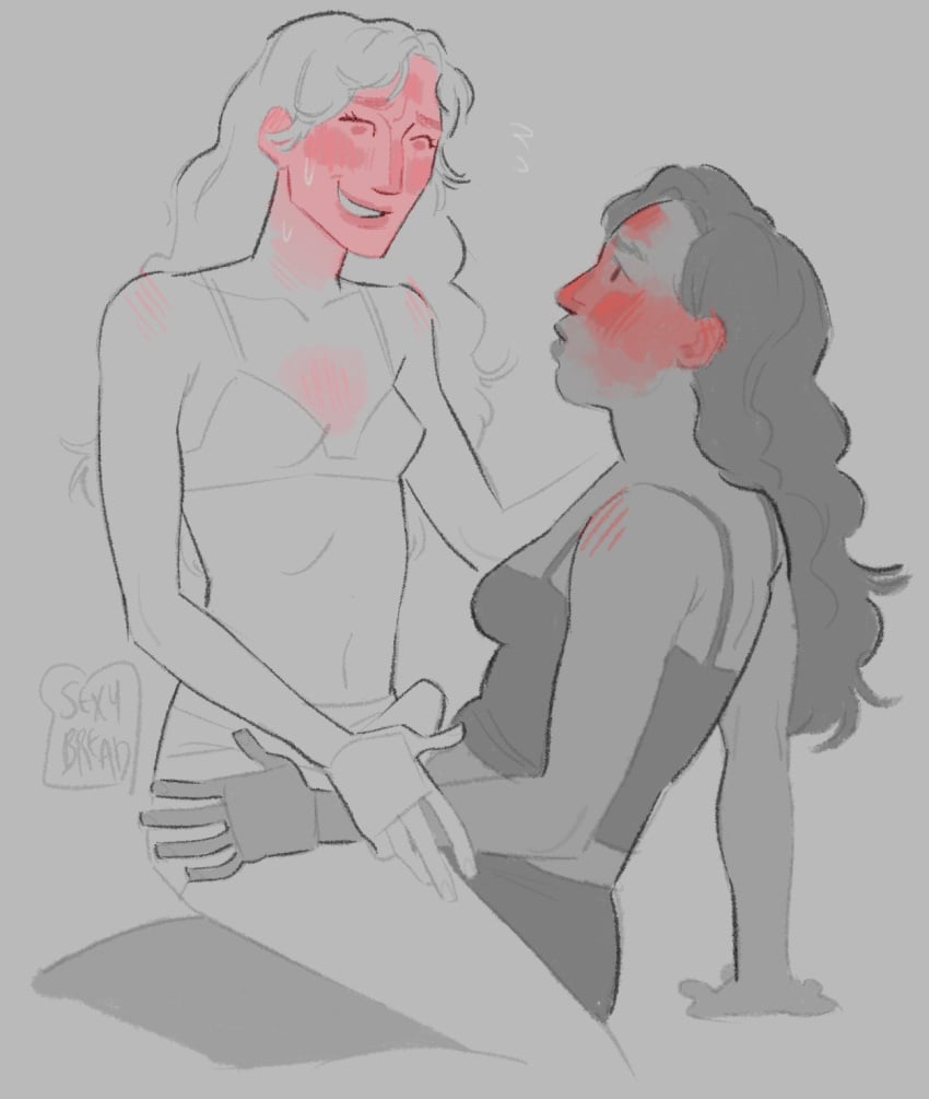 2020s 2023 2females 2girls awkward awkward_smile barbie_(2023) barbie_(franchise) barbie_(margot_robbie) big_nose bikini bikini_top black_hair colored_blush dark-skinned_female dark_skin digital_drawing_(artwork) digital_media_(artwork) female female_only fondling gloria_(barbie_2023) gray_background grey_background greyscale hand_on_another's_thigh human human_only looking_at_another looking_at_partner looking_into_eyes mature mature_female milf monochrome not_furry on_top_of_another sexierbread signature simple_background strap-on strap-on_dildo yuri
