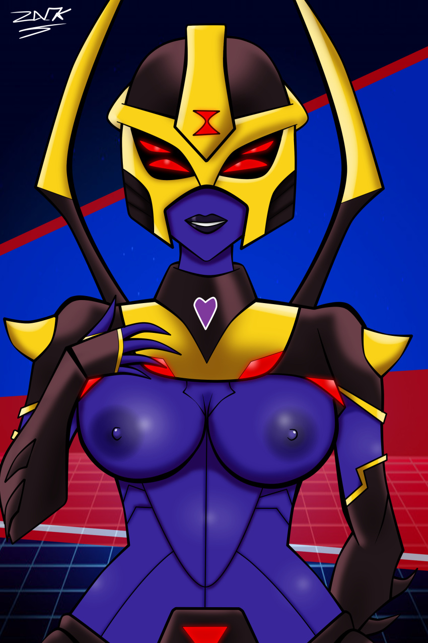 big_breasts black_lipstick blackarachnia cybertronian female female_only looking_at_viewer purple_nipples purple_skin robot robot_girl rookie115 transformers transformers_animated