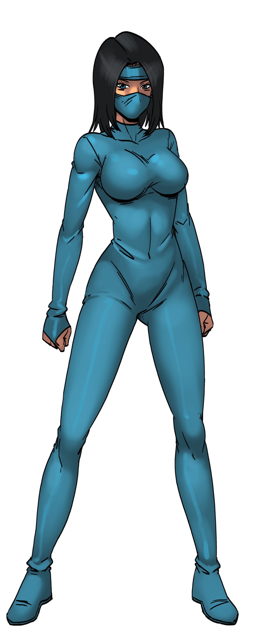 black_eyes black_hair blue_eyes bodysuit boots breasts cg covered_navel female full_body hentai_heroes kinkoid kitana large_breasts long_hair looking_at_viewer mask official_art parody skin_tight solo standing sung_tai_ki_(hentai_heroes) transparent_background