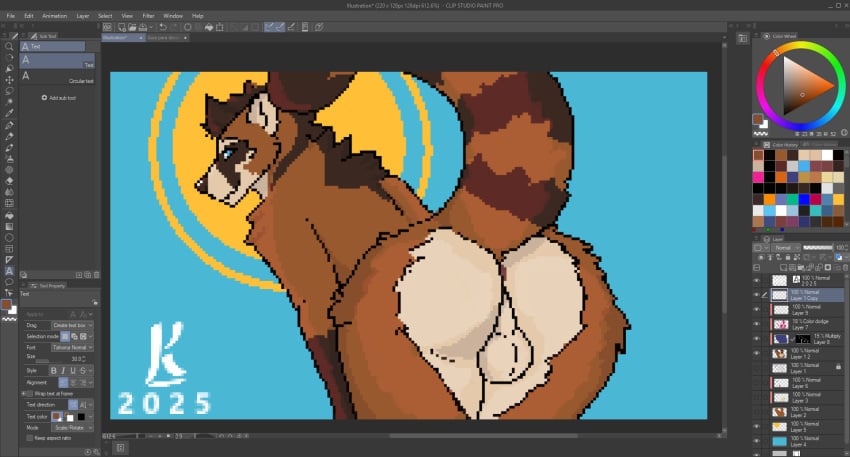 anthro anus ass balls blue_eyes brown_body coati digital_media_(artwork) genitals hi_res kalembi male mammal nude pixel_(artwork) presenting presenting_hindquarters procyonid solo