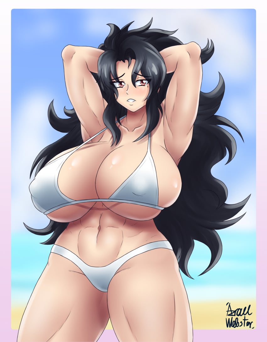 abs artist_signature azraelwebster black_hair blurry_background daidouji_(senran_kagura) huge_breasts muscular muscular_female red_eyes senran_kagura thunder_thighs white_bikini