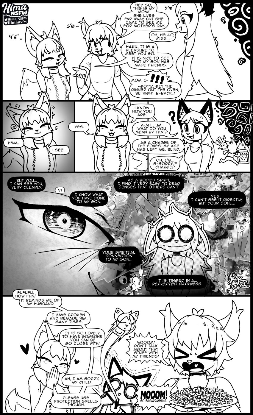 absurd_res ande_(hima_nsfw) anthro appliance big_eyes black_and_white blush bottomwear canid canine cheese clothing dairy_products dialogue duo embarrassed felid feline female fire food fox ghost haku_(hima_nsfw) hi_res hima_nsfw himalaya_(hima_nsfw) hybrid kitchen_appliance lynx macaroni macaroni_and_cheese male mammal manga_style monochrome oven pants pasta references shirt shocked smoke solo spirit sweater topwear