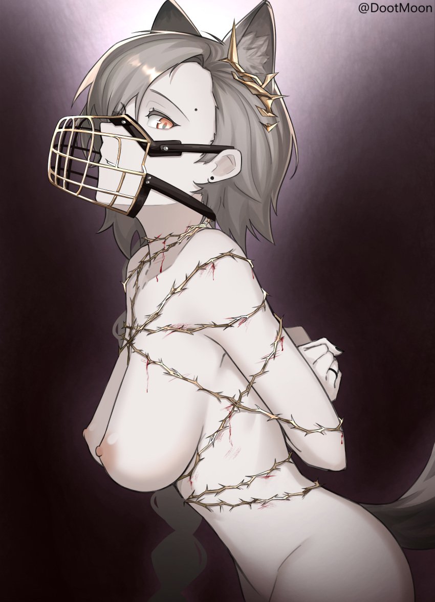animal_ears arknights barbed_wire blood bondage bound breasts dootmoon female kemonomimi muzzle nude nude_female penance_(arknights) thighs wolf_girl