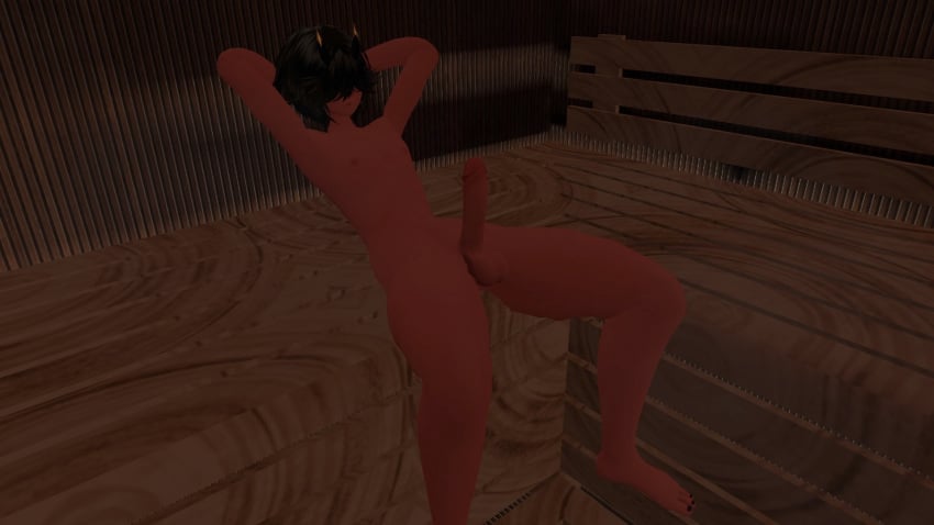 black_hair completely_nude demon demon_boy demon_horns erect_penis femboy incubus public red_skin risky_nudity sauna self_upload solo solo_femboy solo_male vrcfemboy vrchat vrchat_avatar